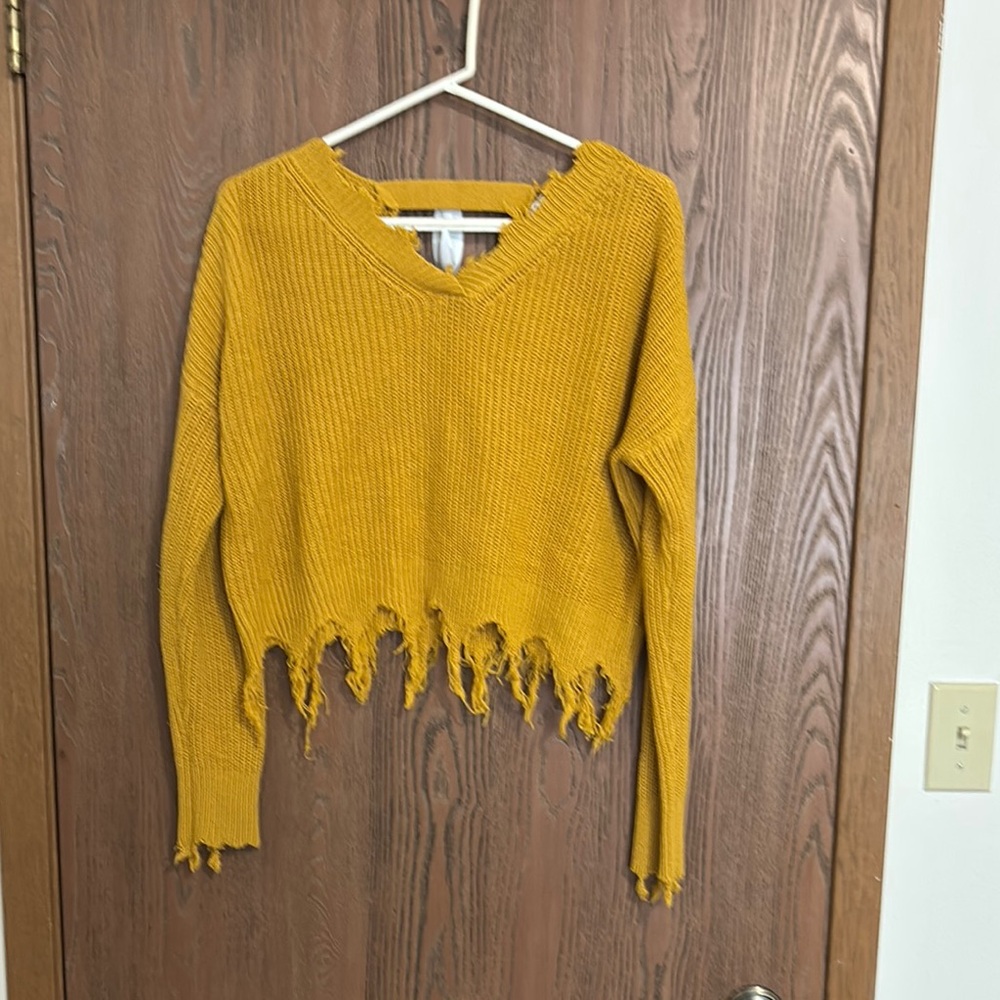 Maurices Yellow V-Neck Sweater with Distressed Hem